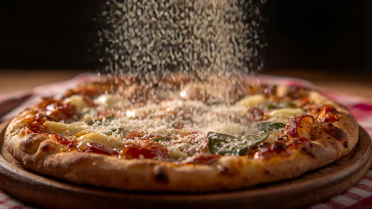Guarnizione di pizza con formaggio grattugiato cosparso sopra, su una tavola di legno, con basilico per finire