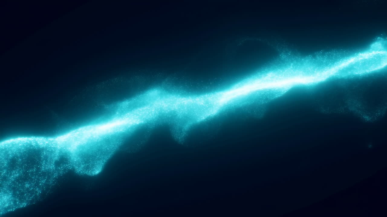 Aqua Particle Stream Sweeps Across Frame In Sleek Motion, Luminous Cyan Trail Suggests Network Transfer