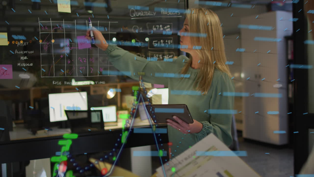 사무실에서 일하는 백인 사업가 여성에 대한 금융 데이터 처리 애니메이션