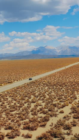long straight road in the lifeless desert. highway to nevada from california. beautiful landscape at backdrop of blue skies with white clouds. vertical video