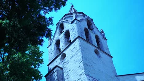 tower of a small french church in avignon with a tree in the foreground