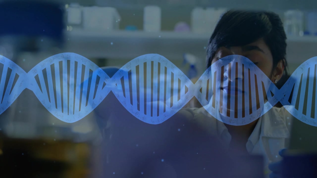 transparent DNA helix pulsing triggers lab reveal while scientist lifting vial hypothesizing