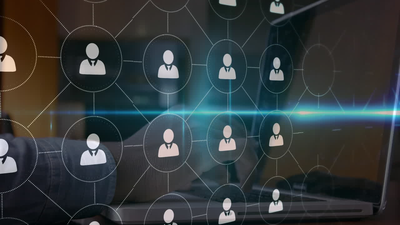 animación de personas iconos volando cerca de una persona que trabaja en casa