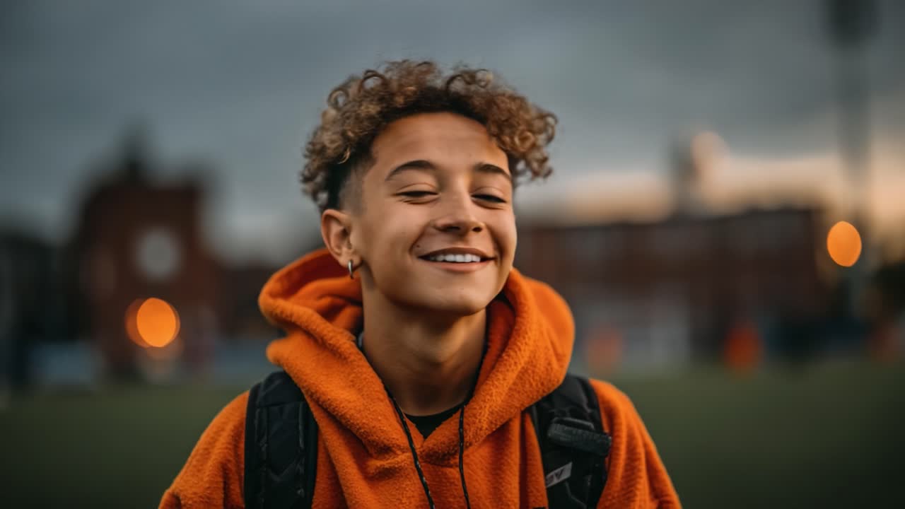 Uma pessoa jovem e alegre com um moletom laranja sorri radiantemente contra um fundo urbano suavemente desfocado ao entardecer, exalando felicidade e confiança.