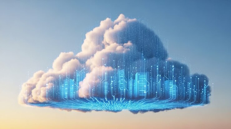 A Stunning Visual Depiction of Cloud Computing: Connecting Technology and Nature Through a Digital Cloud and Skyscrapers Ethereal Glow