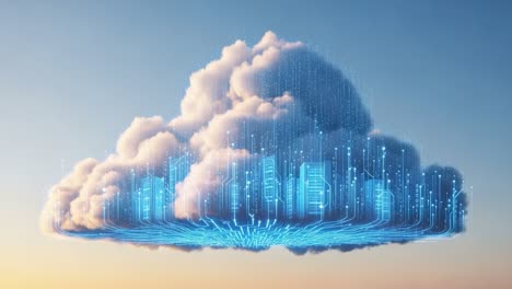 A Stunning Visual Depiction of Cloud Computing: Connecting Technology and Nature Through a Digital Cloud and Skyscrapers Ethereal Glow