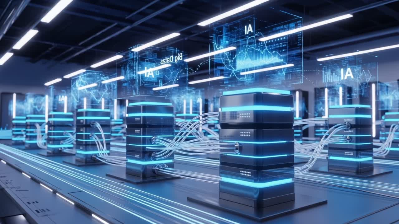 A Futuristic Data Center Featuring High-Tech Servers Equipped with Blue LED Lighting and Advanced Data Analytics Displays for Optimal Processing and Storage Solutions
