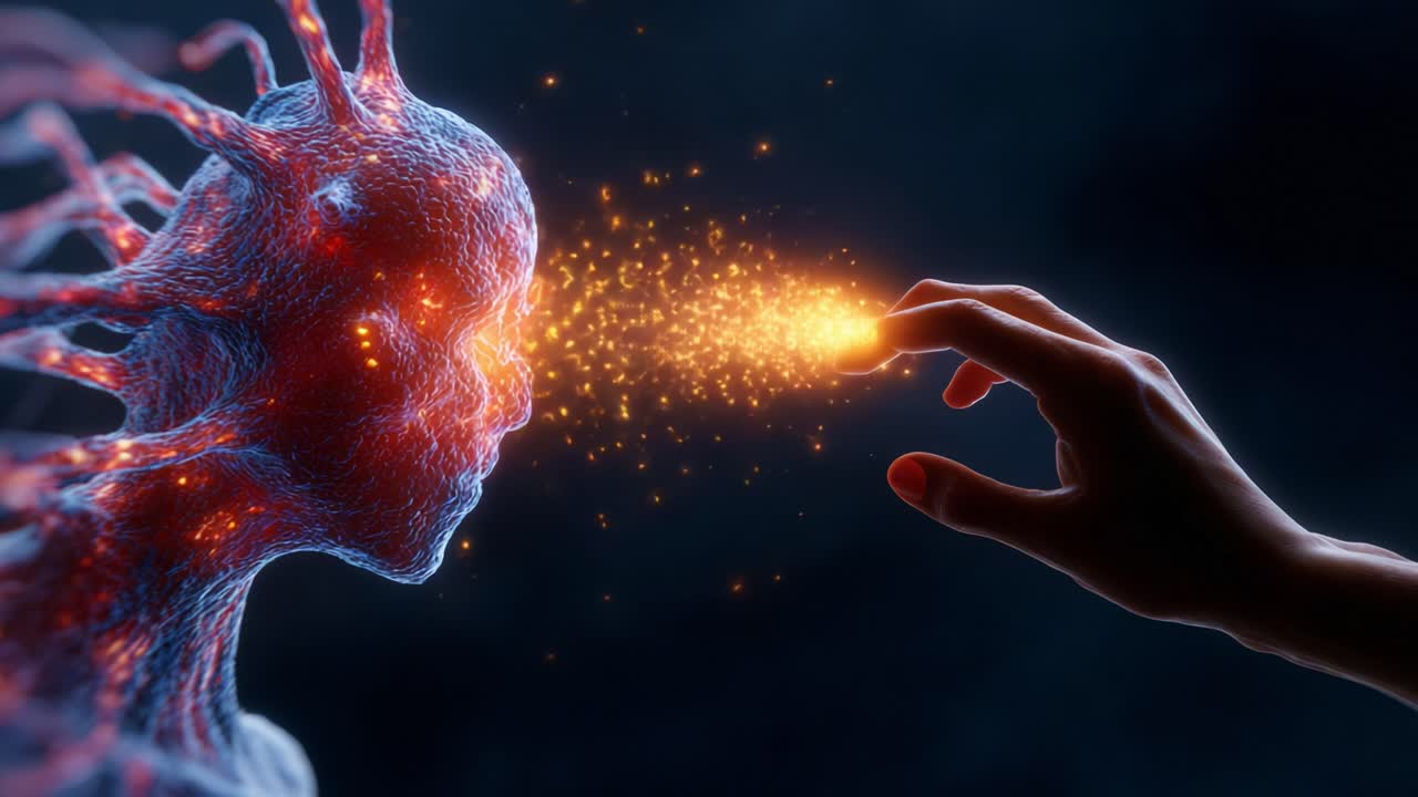 A mesmerizing encounter between human creativity and digital artistry, showcasing a hand reaching towards a glowing figure, symbolizing the fusion of emotion and technology in a captivating visual representation