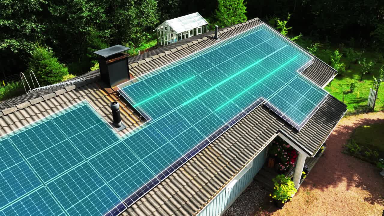 집 지붕에 디지털 라인 및 3d 홀로그램 시각화 - cgi 애니메이션