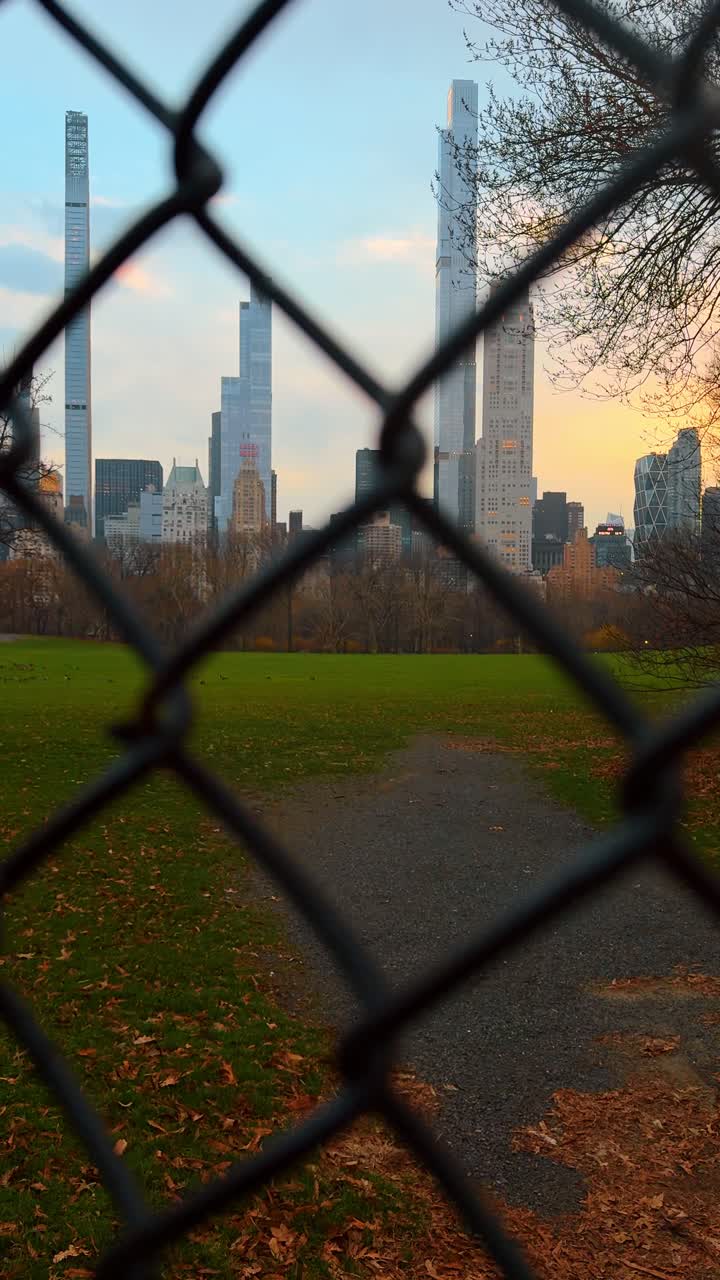 New York, USA, 5 marzo 2026: Vista dello skyline di New York attraverso una recinzione a rete metallica. Paesaggio urbano dei grattacieli di Midtown Manhattan visto attraverso il motivo a rombi di una recinzione metallica a Central Park.