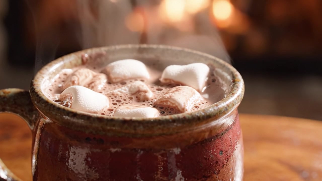 Cioccolata calda con marshmallow: una scena invitante di confortante cioccolata calda fumante in una tazza rustica accanto a un fuoco accogliente