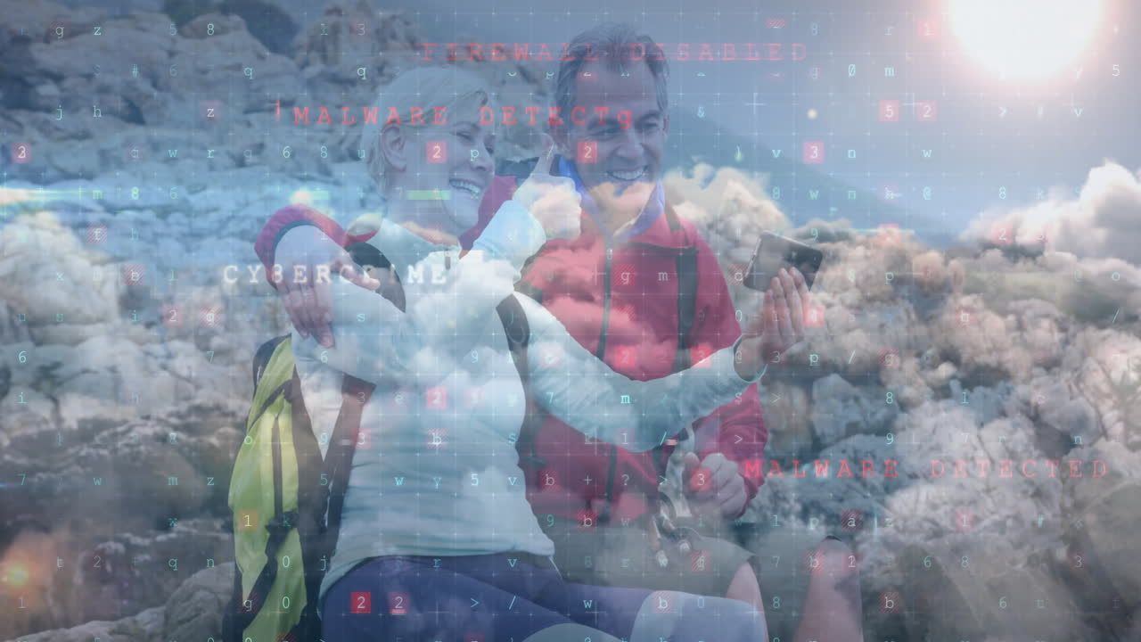 hiking couple viewing tablet and backpack on rocky mountain showing firewall disabled, digital code