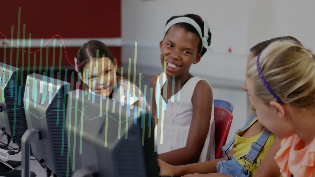 Financial data processing animation over children using computers in ...
