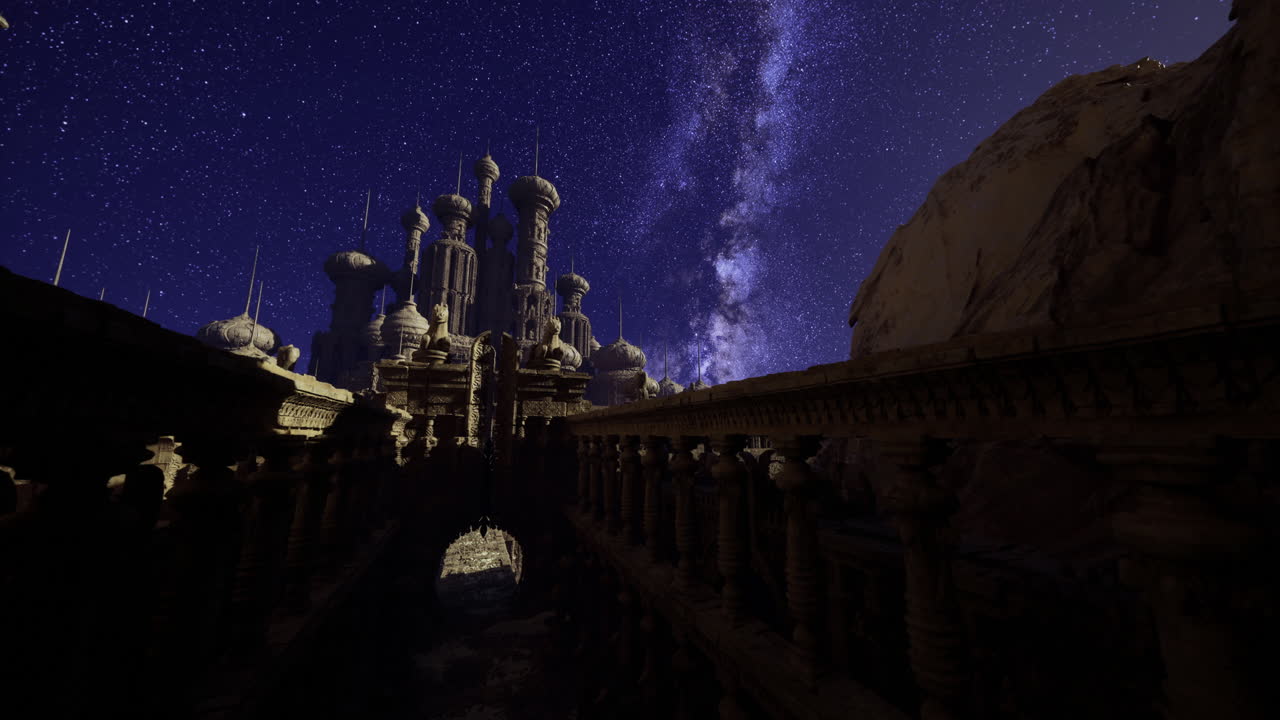 Night sky over a futuristic city with starry backdrop and ancient architecture