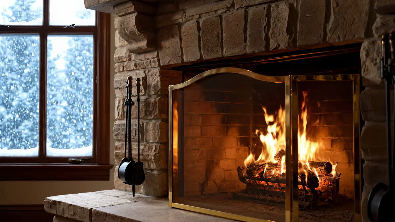 Cozy winter evening by the fireplace. Fire crackles in the stone fireplace as snow falls outside, creating a warm and inviting atmosphere indoors