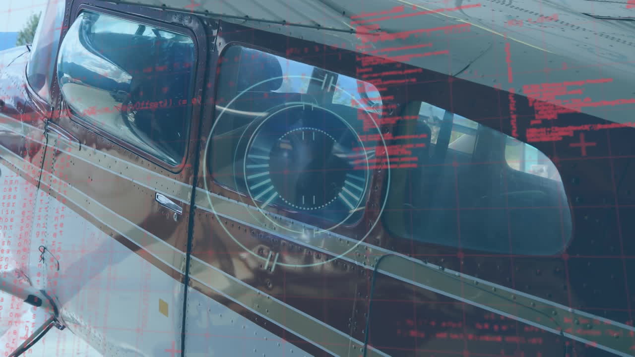 데이터 처리의 애니메이션과 공항에 주차된 비행기에 대한 둥근 스캐너.