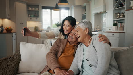 Selfie,-living-room-and-woman-with-senior-parents