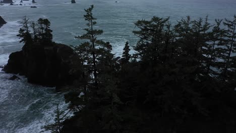 Excelente-Toma-Aérea-De-Pinos-En-Grandes-Rocas-Frente-A-La-Costa-De-Oregon-En-Un-Día-Nublado