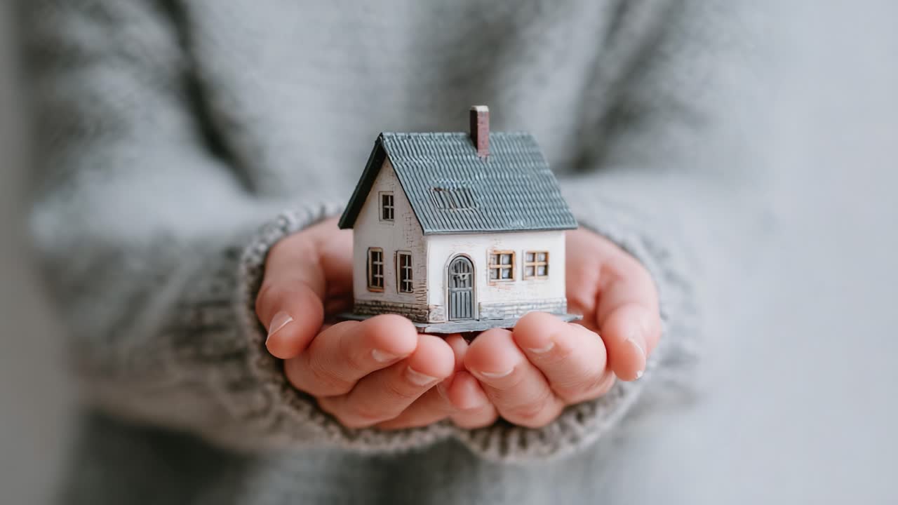 Una persona che stringe delicatamente tra le mani una casa in miniatura, a simboleggiare calore, comfort e il concetto di casa, con uno sfondo sfocato che esalta l'atmosfera intima