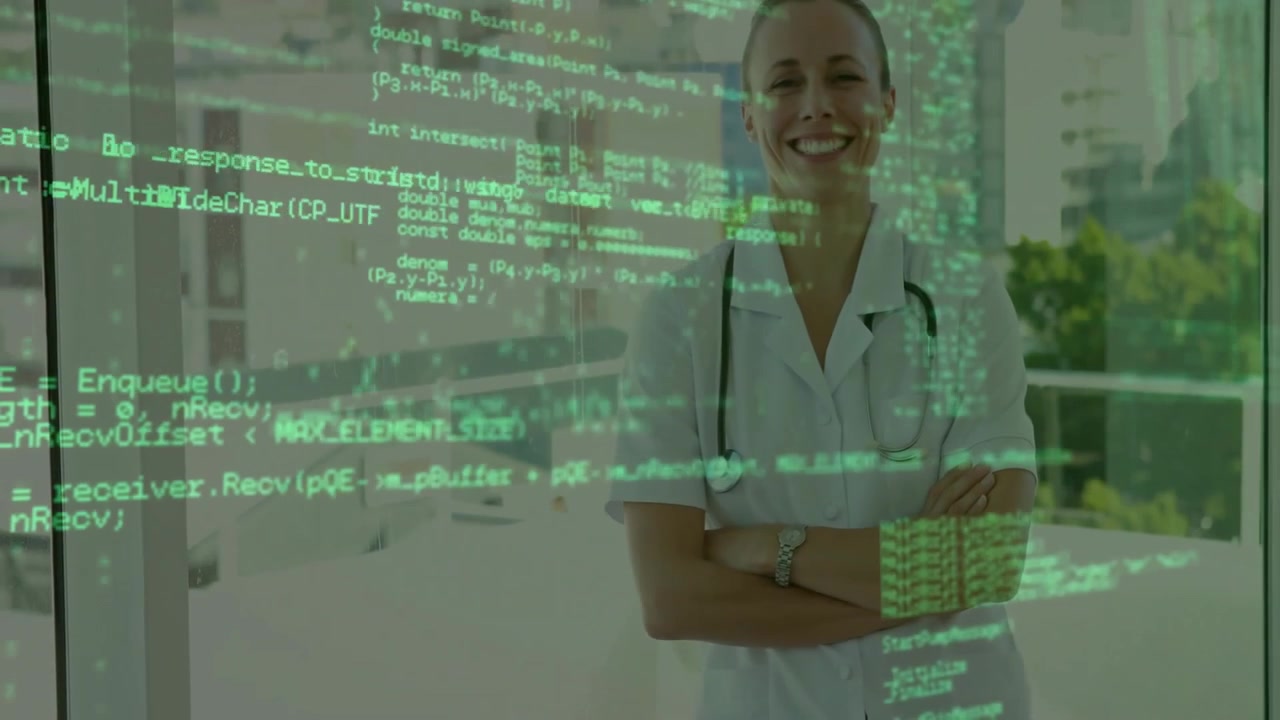 Medico che scioglie le braccia mentre una sovrapposizione di codice verde svanisce, rivelando l'esperienza della clinica medica.