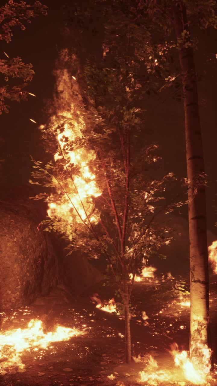 Wildfire dances through the forest under a darkened sky at night