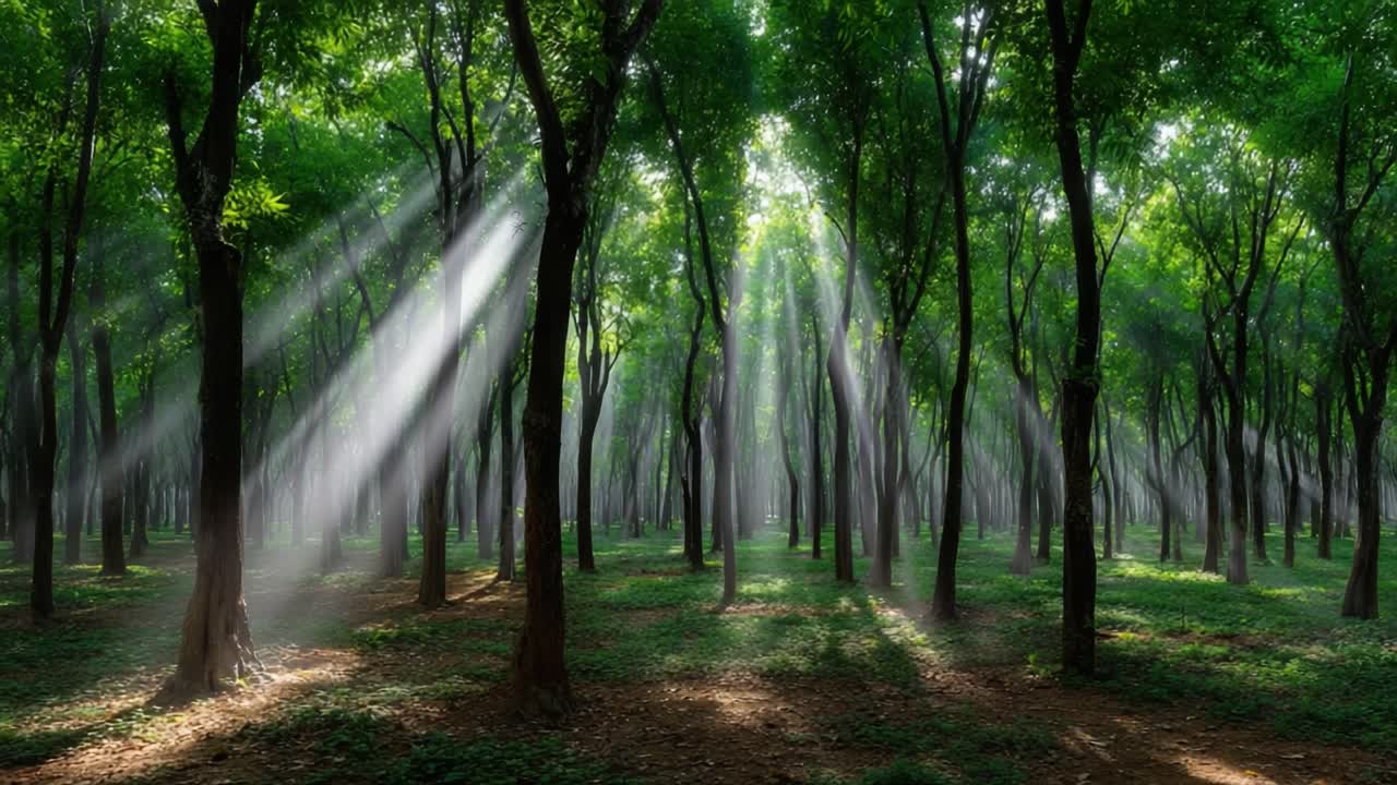 A Serene Forest Scene Capturing Ethereal Sunlight Filtering Through Towering Green Trees, Creating a Tranquil Atmosphere Perfect for Nature Lovers and Adventurers