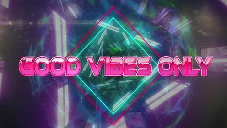 Animation-of-good-vibes-only-text-banner-over-tunnel-in-seamless-pattern-and-globe-of-plexus-network