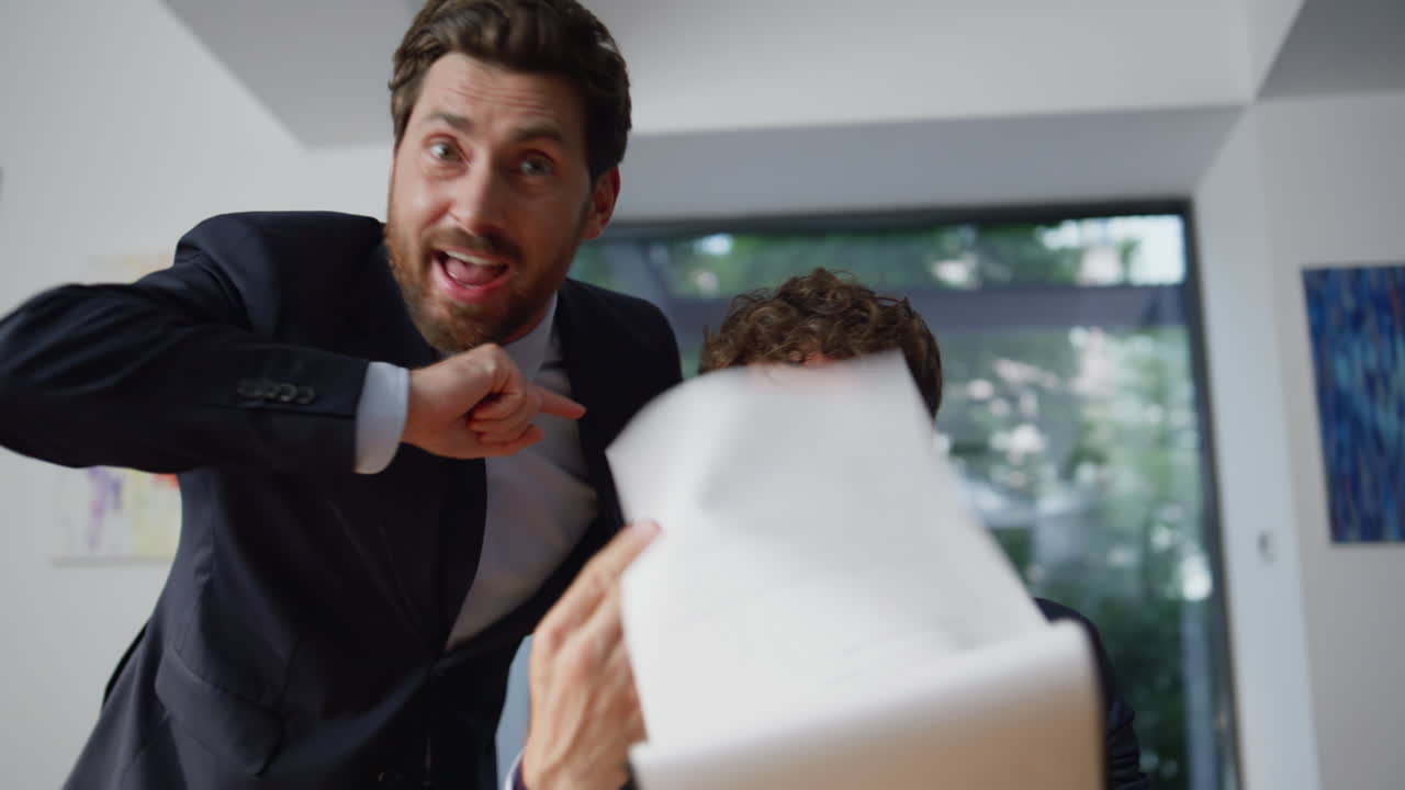 Mad managers shouting pov view. Two nervous colleagues arguing virtual meeting