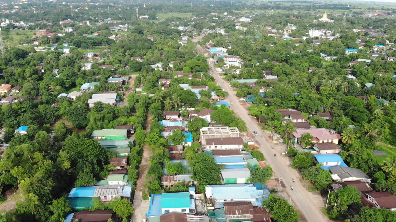 Drone flying over the streets of Bago in Myanmar