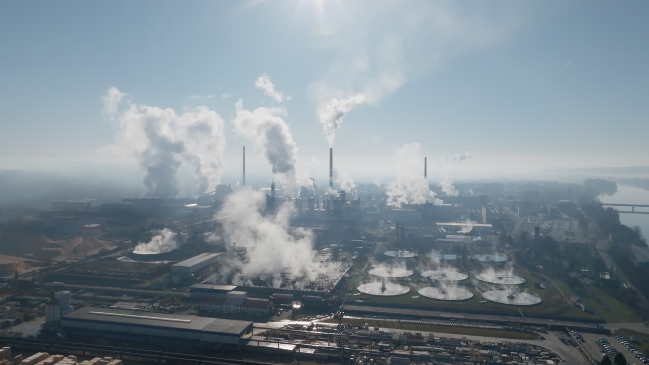Ripresa drone controluce sopra il complesso industriale di Štětí con un forte bagliore solare, ciminiere visibili e un'estesa colonna di vapore che si innalza dalla fabbrica e dalle vasche di trattamento.