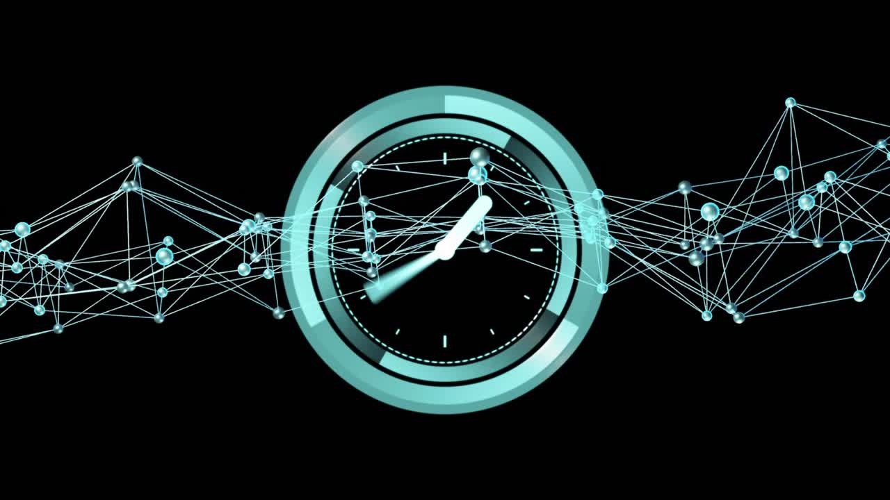 Drifting turquoise nodes merging forming bezel around clock face while hands rotating showing time