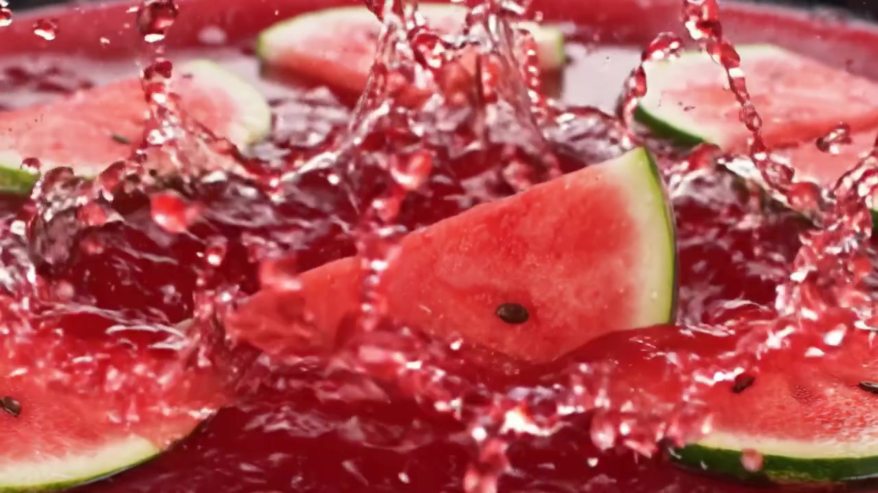 Erfrischender Wassermelonen-Splash: Eine Nahaufnahme saftiger Wassermelonenscheiben, die in leuchtend roter Flüssigkeit schwimmen und die Essenz sommerlicher Erfrischungen und puren Fruchtgenusses einfangen.