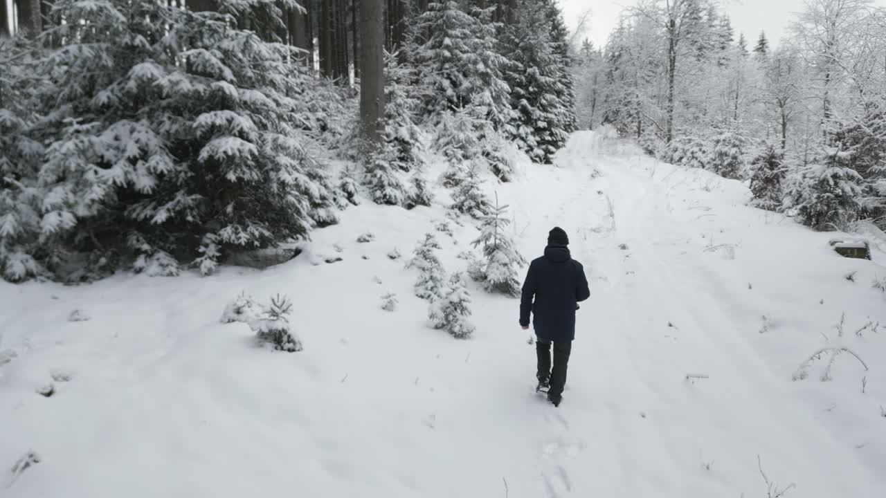 A snow-covered, mountain forest trail with a lone figure walking, surrounded by serene winter scenery