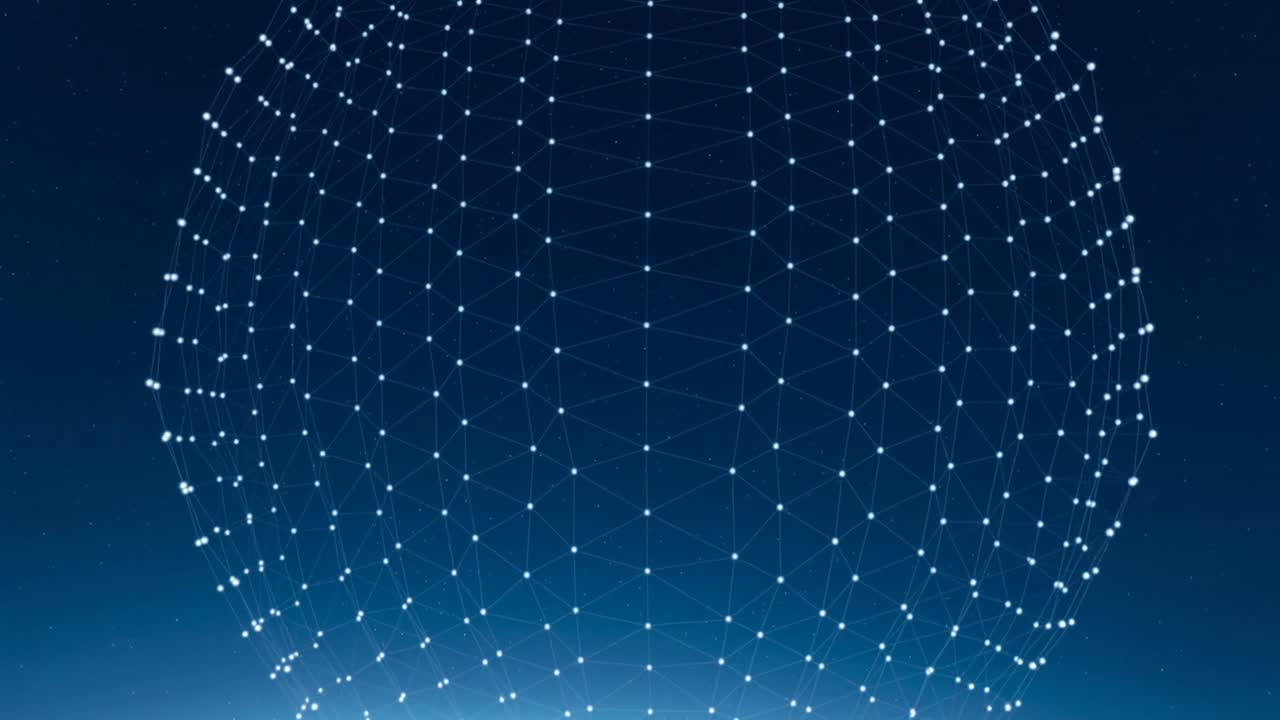 Camera zooming downward causing glowing sphere revealing lower nodes and mesh against deep blue