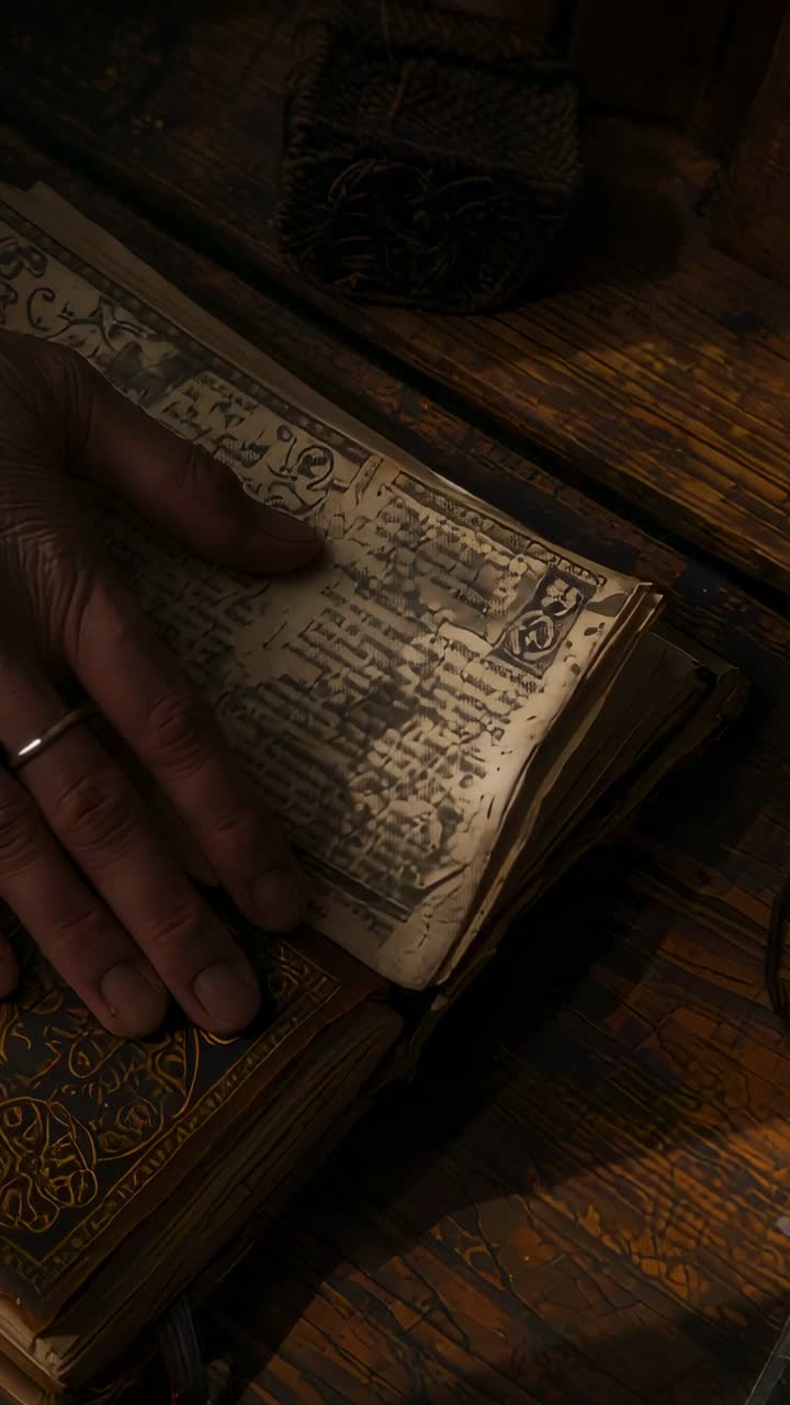 Vertical video: Opening top view revealing hand flipping manuscript pages on desk, with rope pouch