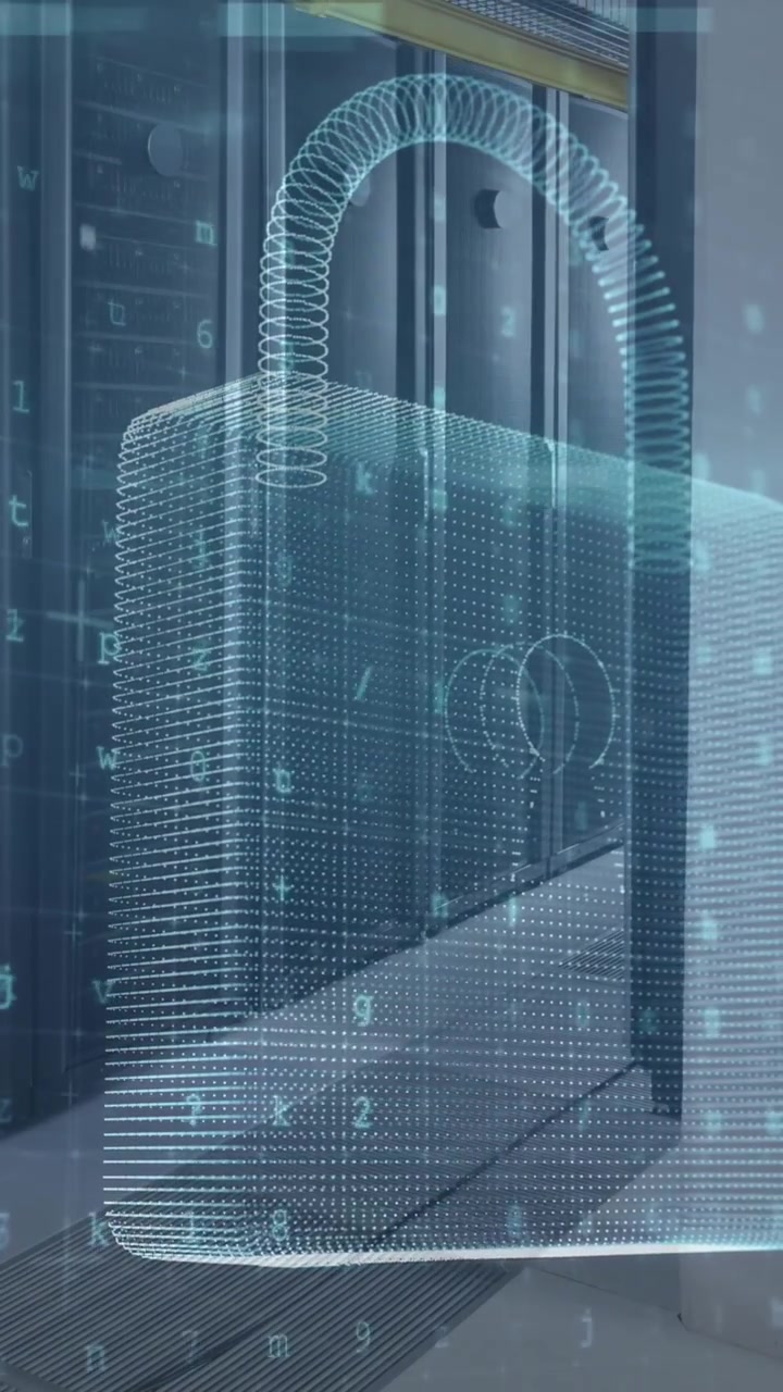 Animation of data processing and online security padlock with circuit board over computer servers