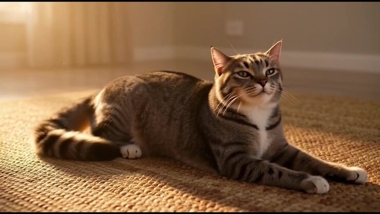 Tabby Cat Yawning While Resting on a Woven Rug in Sunlight