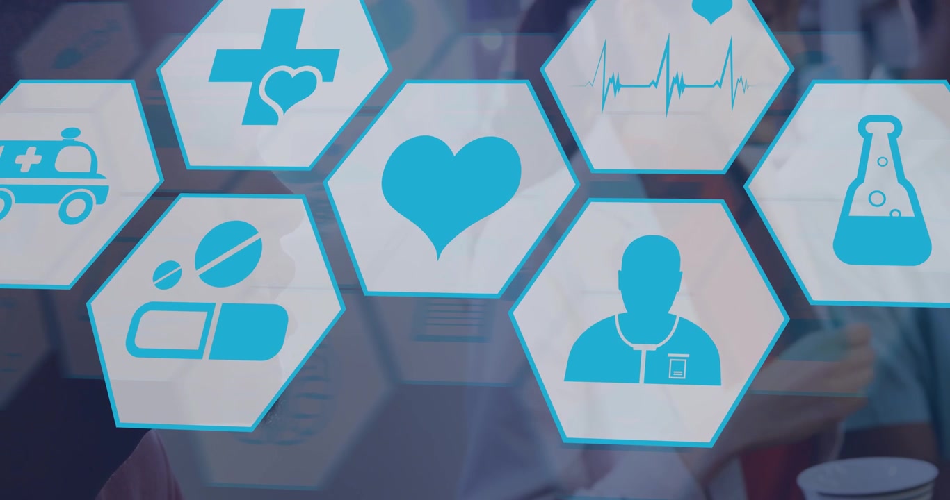 Animación de iconos médicos sobre diversos médicos