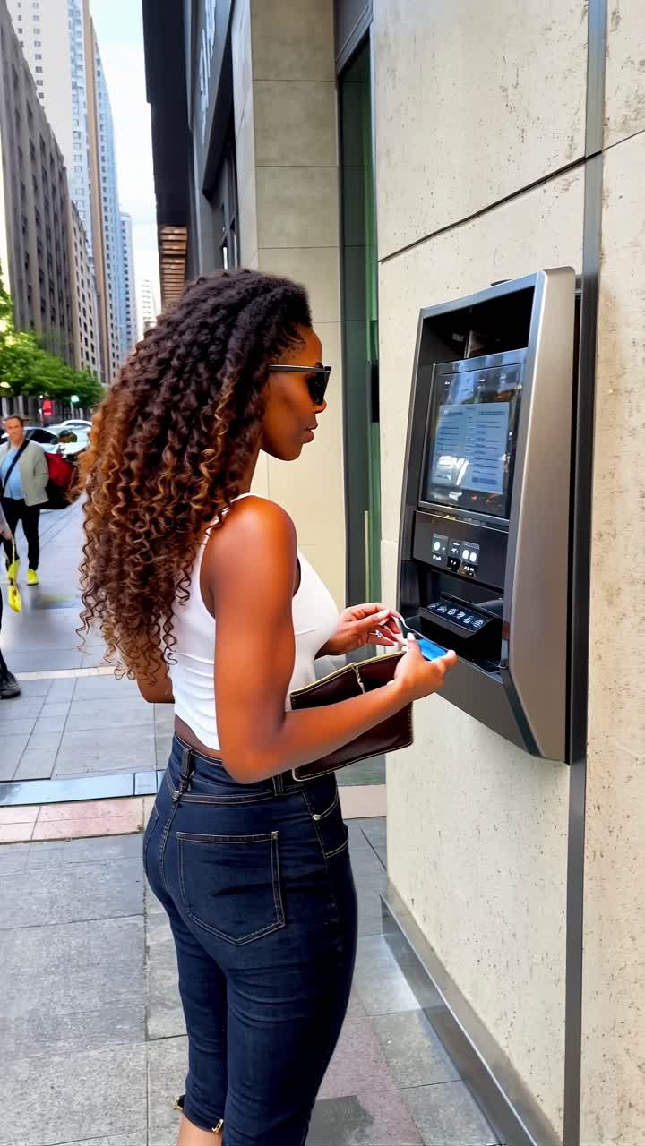 Woman using ATM in a city