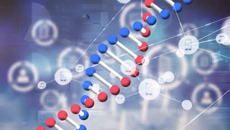 Animación-De-La-Red-De-íconos-Digitales-Y-Estructura-Giratoria-Del-ADN-Contra-El-Procesamiento-De-Datos.