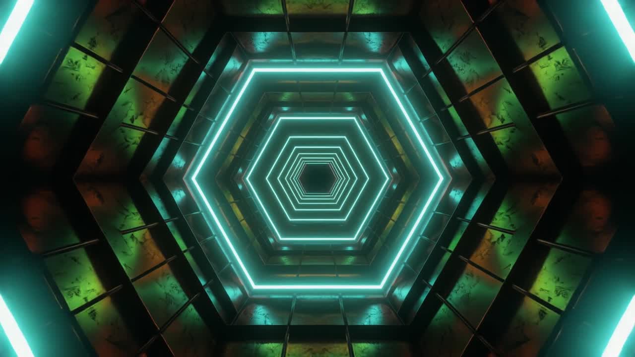 Loop continuo di volo attraverso un tunnel futuristico al neon