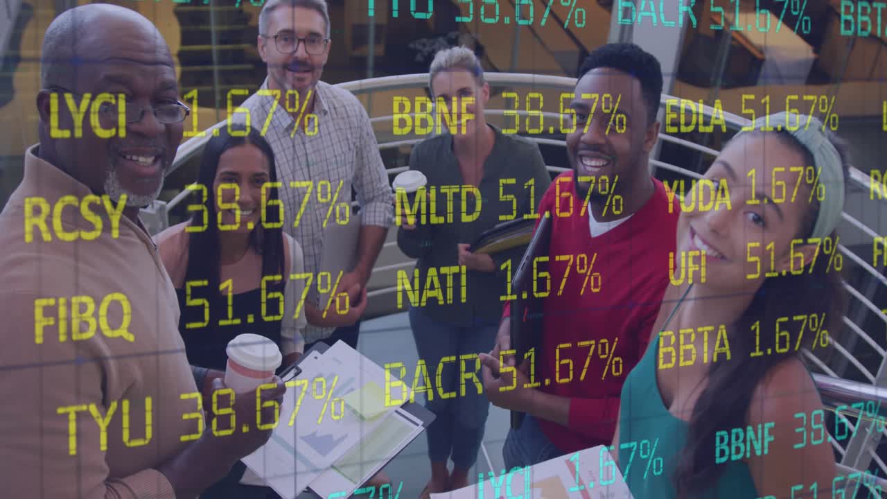 Animation of financial data processing over business people in office
