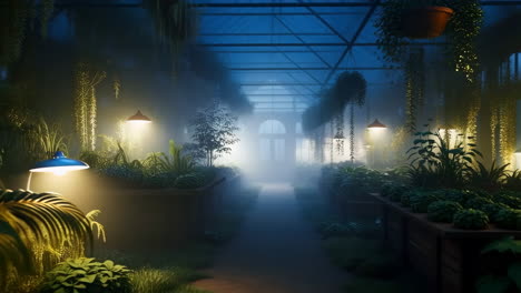 misty night in an illuminated botanical greenhouse