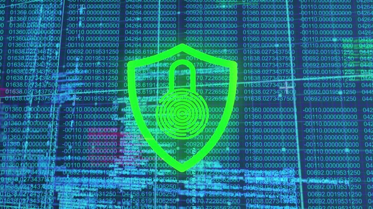 Animation of shield and digital interface over dark background