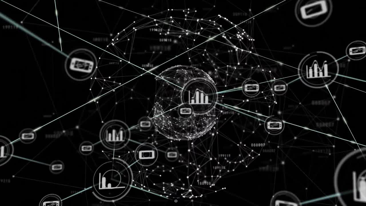 Animation of network of connections with icons over globe with glowing spots