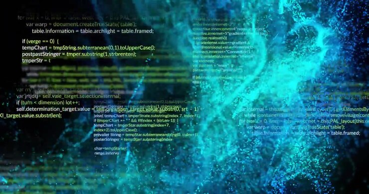 Overlay of source code and digital particle streams flowing in flat design, with neon code glow