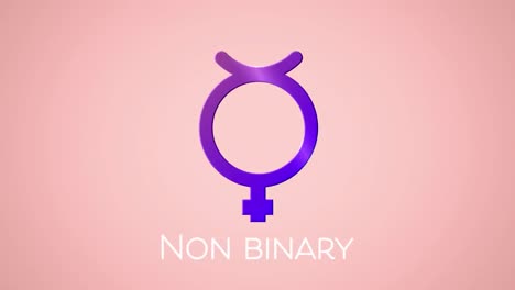 animación de texto no binario y símbolo de género no binario púrpura sobre fondo rosa