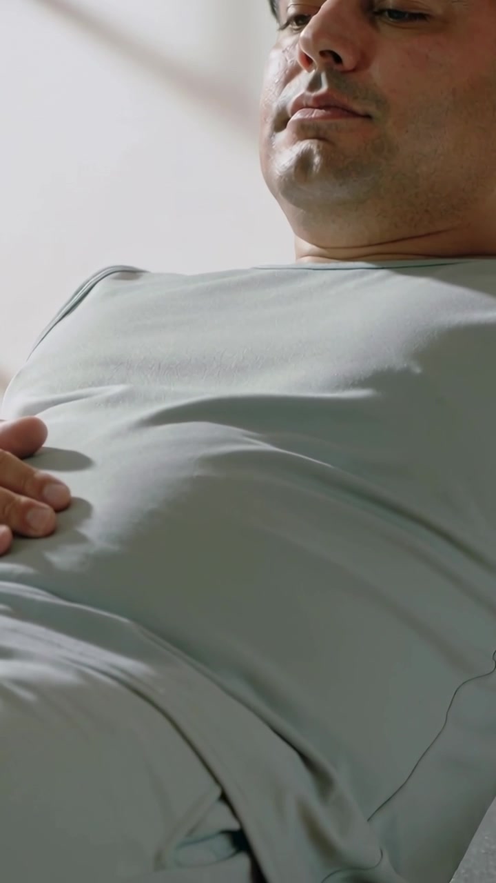 Video verticale: Ripresa di un uomo sdraiato che si controlla l'addome con la mano destra sul letto, in maglietta grigia
