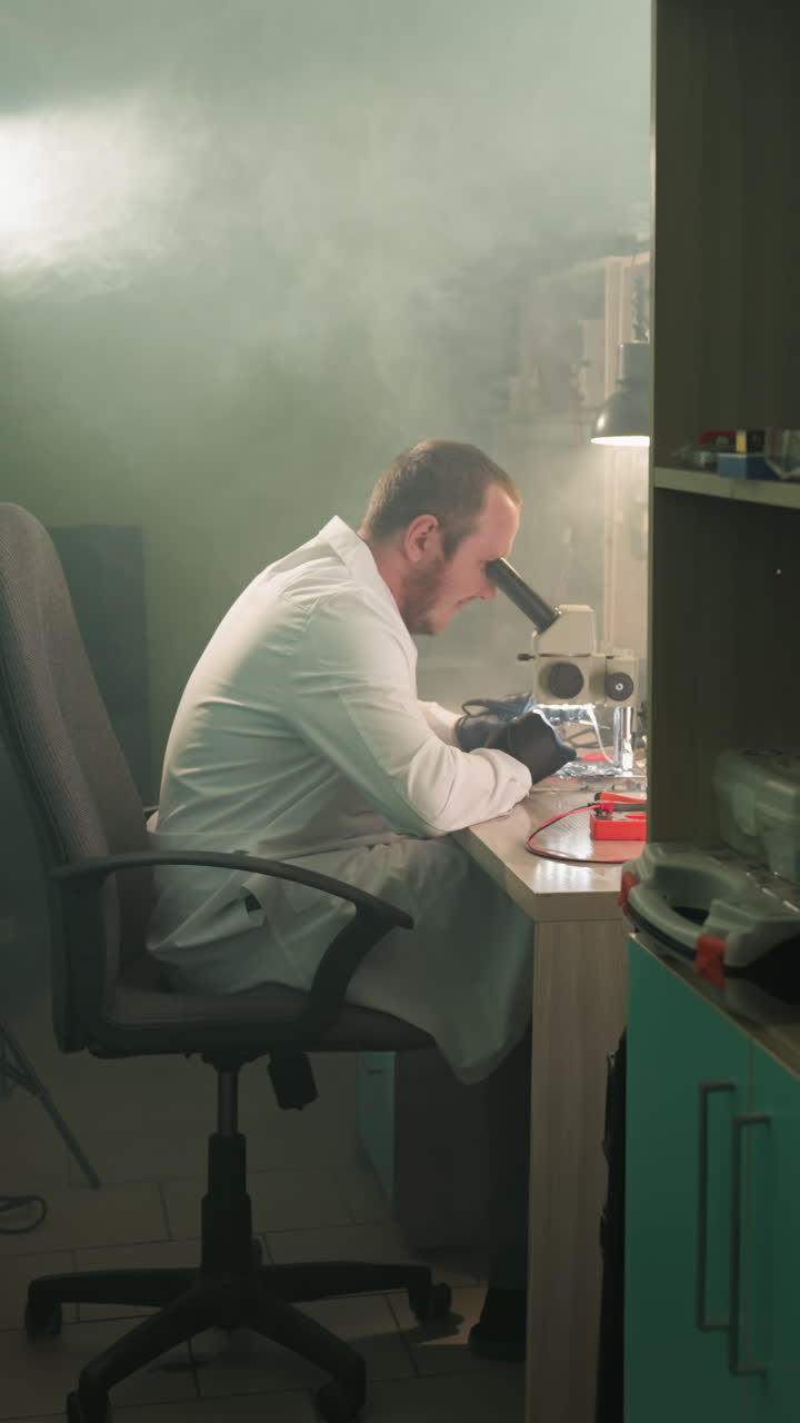 A close view of a technician in a lab coat working on an electronic components using a microscope , with a shelf by the side having other tools in it