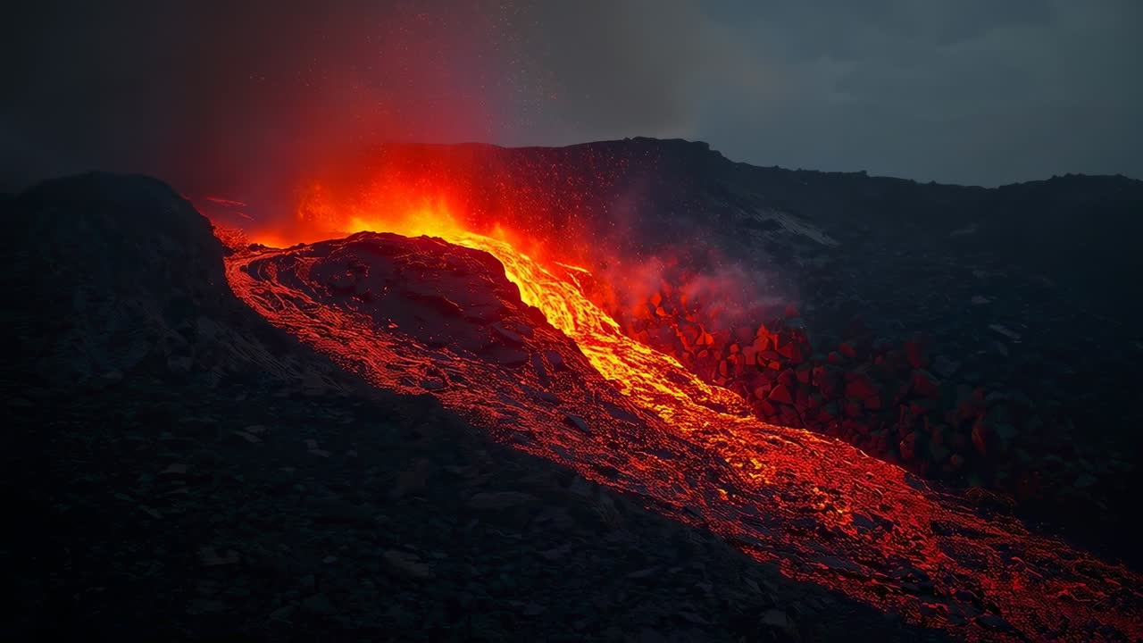 Fessura di apertura che rilascia lava fusa e schizzi, che scorrono lungo il fianco del vulcano a causa della pressione del magma